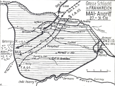 Carte allemande de la bataille de l'Aisne (1918) Couvrelles est en plein milieu